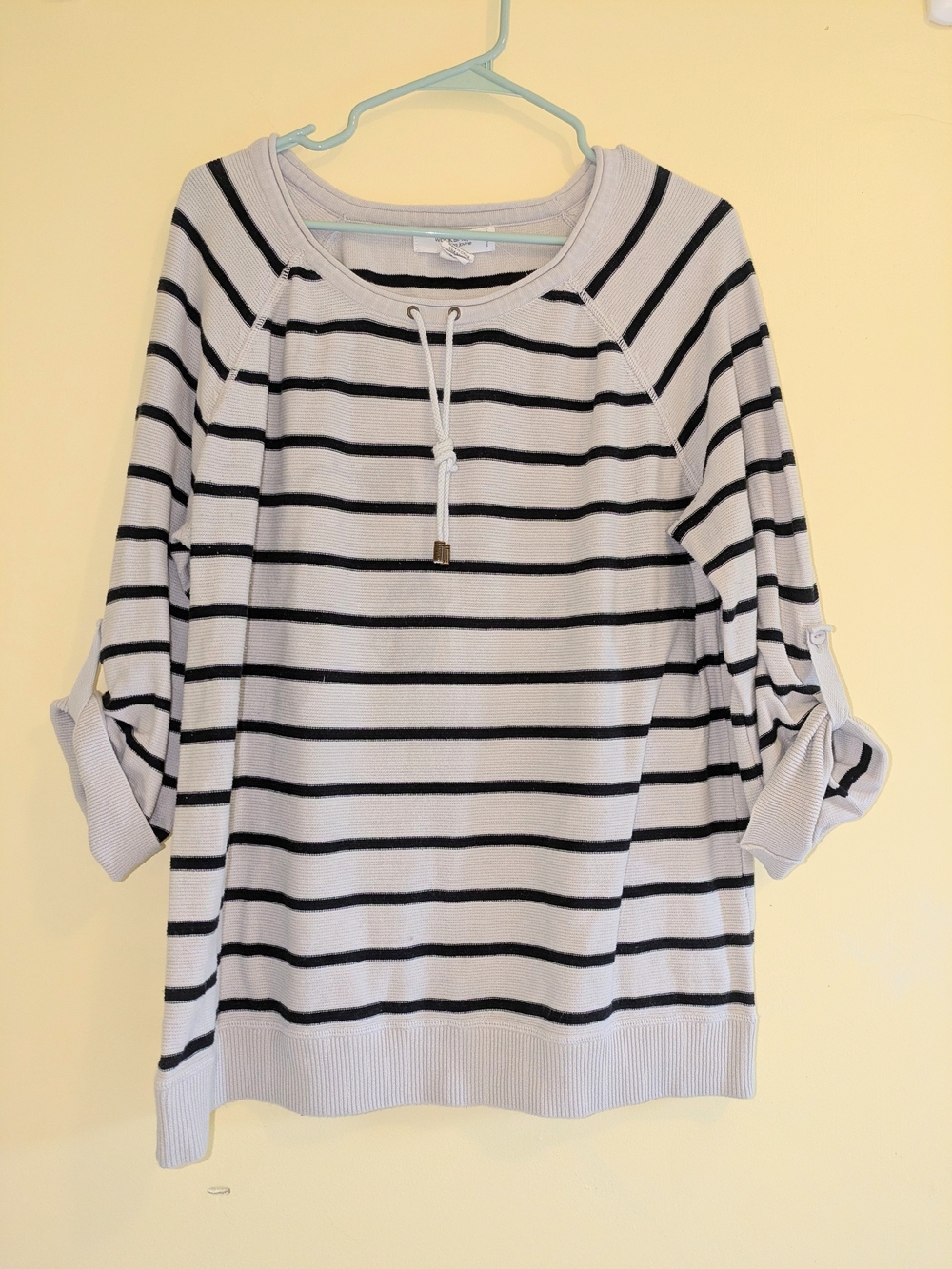 Workshop By Andrea Jovine White and Black Striped Crewneck Sweater